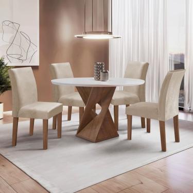 Imagem de Conjunto Mesa Barcelona 100cmx100cm 4 Cadeiras Espanha Tampo Slim Plus Redondo Yescasa Chocolate Off White Bege Claro