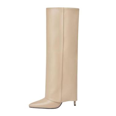 Imagem de Goolita Botas Femininas De Salto Agulha Até O Joelho, Bico Fino, Sem Cadarço, Dobráveis, Para Costura, Couro, Vestido Confortável