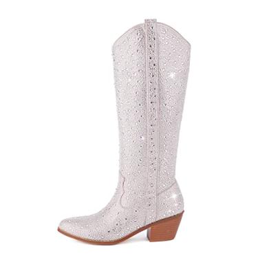 Imagem de CSHO Botas De Cowboy Femininas Estilo Western, Com Strass, Prateadas, Zíper Lateral, Cano Alto, Salto Grosso, Cowgirl (Strass-Prateado, Adulto, Feminino, Numérico_10, Numérico, Sistema_De_Tamanho_De