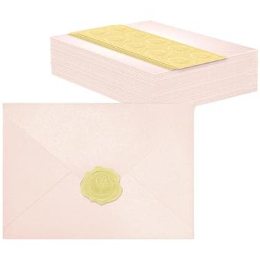 Imagem de 50 envelopes rosa pérola A7 com adesivos, envelopes brilhantes 13 x 7 para convites, ótimo para cartões de convite de casamento, confirmação de aniversário, formatura, chá de bebê 13,3 x 18,4 cm