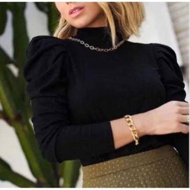 Imagem de Blusa feminina gola alta manga longa princesa bufante malha canelada m