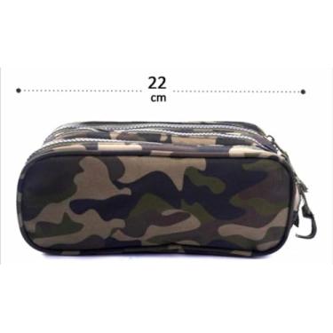 Imagem de Estojo triplo 3 compartimentos grande 22 cm camulftado reforçado volta as aulas