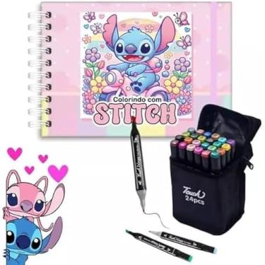 Imagem de Kit Livro De Colorir Stitch Capa Dura + Canetinhas Coloridas Touch Marca Texto De 24 Cores e Tamanhos, Ponta Dupla (0,1mm e 6,0mm) – ideal para traços finos e áreas grandes (Livro + 24 Canetas)