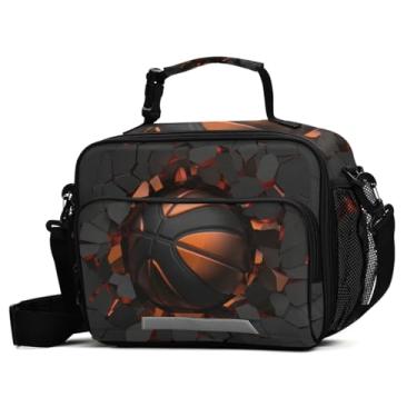 Imagem de Bola de basquete preta 3D na parede rachada lancheira térmica meninos lancheira térmica infantil alça de ombro para meninas, reutilizável para piquenique, escola, viagem