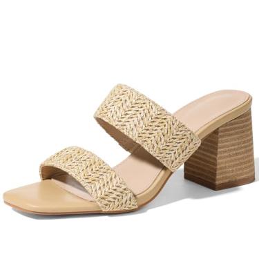 Imagem de Ancomafio Sandálias de salto para mulheres, sandálias ráfia 2025 salto grosso bico quadrado bloco mules sapatos de verão sem cadarço, Tira dupla natural, 36