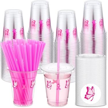 Imagem de Blushtier Copos de conscientização do câncer de mama de borboleta rosa 340 g Copos de lembrancinha de festa com tampas e canudos, design de fita rosa transparente para suco, água, leite, café e chá