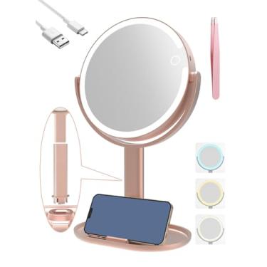 Imagem de FERXIDI Espelho de aumento de 10 x com luz, espelhos ampliados de dupla face, luzes recarregáveis de 3 cores e espelho de vaidade de brilho ajustável, rotação de 360° destacável para viagens com pinça