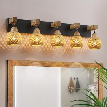 Imagem de Luminária de banheiro com 5 luzes, arandela de parede de casa de banho de madeira estilo rústico, abajur de cesta de vime boho tecido de bambu feito à mão, adequado para quarto, corredor e sala de