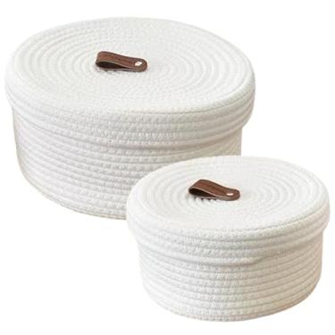 Imagem de Cesta de armazenamento de 2 peças com tampa, pequena tampa, decorativa, redonda, de algodão, cesta multiuso para prateleiras e mesas de centro, grande + pequena| Armazenamento com tampa