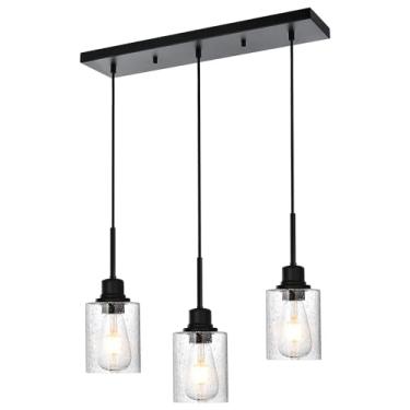 Imagem de PENDRION Luminária moderna de ilha com pingente de 3 luzes pretas para pendurar no teto com vidro semeado transparente e cordão ajustável, iluminação pendente industrial para cozinha, sala de estar