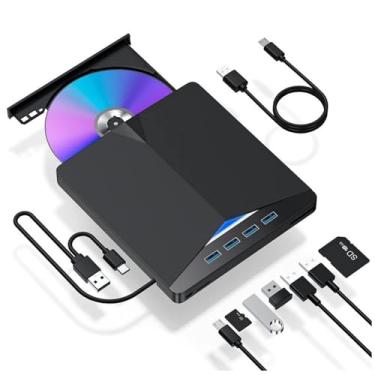 Imagem de Gravador Externo DVD USB 3.0, Leitor CD/DVD Portátil com Hub USB 7 em 1, Compatível com Windows, Preto
