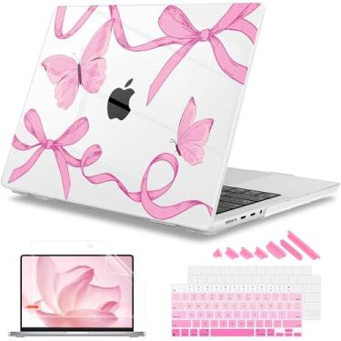 Imagem de Mektron Capa para laptop 2025 MacBook Pro 14 polegadas M4 2024 A3112 A3401 A3185 serve para 2023/2021 M3 A2918 A2992 M2 A2779 M1 A2442 Pro/Max, capa rígida de plástico impresso, rosa Laços C24 5