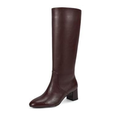 Imagem de wetkiss Botas femininas de salto baixo na altura do joelho para panturrilha, com zíper lateral, bico amêndoa, couro sintético, confortáveis para caminhar, dançar, ficar em pé por longos períodos sem