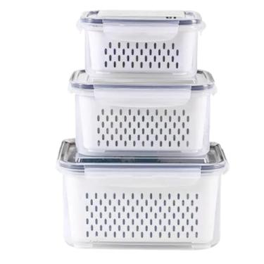 Imagem de Kit 3 Potes Herméticos de Geladeira Organizadores com Trava nas Tampas Borracha Isolante e Cesto de Escorrer Removível - Organizador de Alimentos Frutas Legumes Saladas - Sem BPA - Qualidade Premium