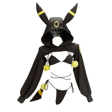 Imagem de Mobbunny Conjunto de biquíni feminino de renda com capuz e cauda, Preto, L-XL