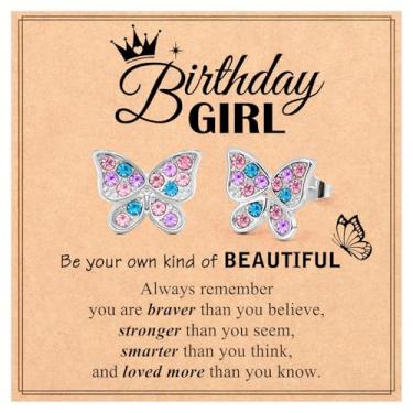 Imagem de Presentes de aniversário para meninas de 8 a 12 anos, brincos de borboleta azul e roxa, joias 6, 7, 8, 9, 10, 11, 12 anos, cartão de presente para meninas, decorações para filha, neta, sobrinha