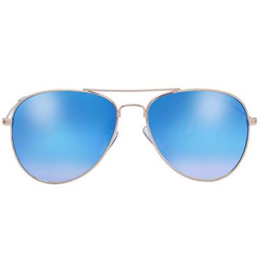 Imagem de The Fresh Óculos de sol aviador clássico armação de metal com lente espelhada com caixa de presente (20b dourado, azul celeste gradiente)