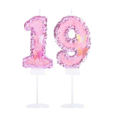 Imagem de Kinsynko Número 19 vela rosa lantejoulas 19 velas de aniversário para princesas meninas 19 anos tema borboleta decorações de festa topo de bolo