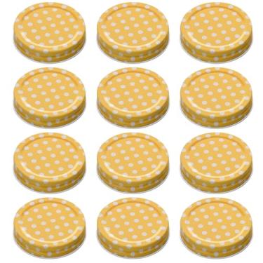 Imagem de 12 tampas de pote de pedreiro, tampas de placa de boca regular de 70 mm/2,76" à prova de vazamento para potes de conserva material de folha de flandres premium excelente vedação (amarelo)