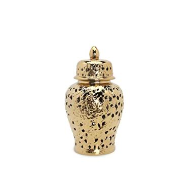 Imagem de FUAVJOP Pote de gengibre vazado de cerâmica dourada com tampa, vaso de ouro perfurado irregular, frascos de presente para decoração de casa, peça central de mesa (tamanho: M) (L) ()