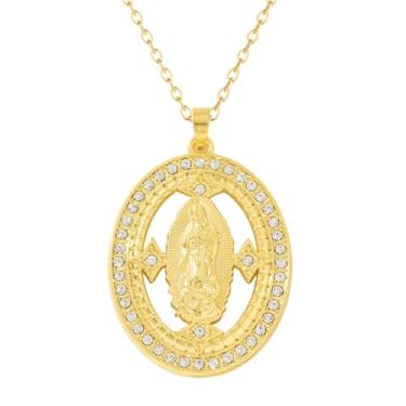 Imagem de Dreuyet Colar de Virgem Maria, presente católico para mulheres, banhado a ouro 18K, Virgem de Guadalupe, pingente de amuleto Mãe Maria Nekclace cristal de strass Nossa Senhora de Guadalupe joia