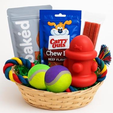 Imagem de Cesta de presente para cães – Inclui brinquedos de mastigar, bolas de tênis, brinquedo de puxar corda e petiscos saborosos – Presente perfeito de aniversário para cães, caixa de boas-vindas para
