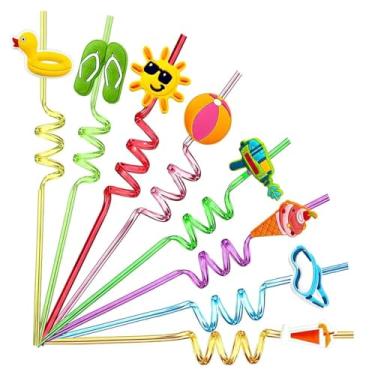 Imagem de 24 canudos espirais reutilizáveis com tema de praia com topos de silicone, canudos divertidos para bebidas oceânicas e de verão com 2 escovas de limpeza, lembrancinhas de festa tropicais para crianças
