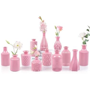 Imagem de UPBUD Conjunto de 12 vasos de vidro rosa bebê, mini vaso de flores para centros de mesa, vasos pequenos a granel para decoração de casamento, vaso vintage para centro de mesa de chá de bebê, decoração