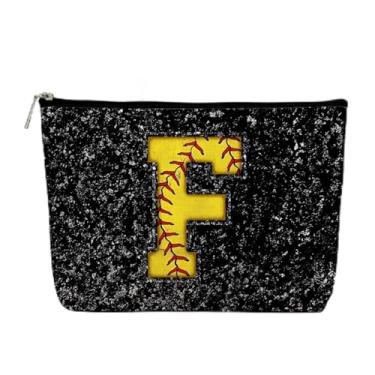 Imagem de Bolsa de maquiagem inicial, monograma, letra F, bolsa cosmética, bolsa com zíper, acessórios de softball, para meninas, mulheres, jogadoras, treinadoras, amigas, presentes de aniversário de formatura