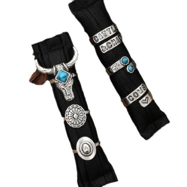 Imagem de 6 conjuntos de anéis personalizados de flor banhada a ouro branco cabeça de touro cacto turquesa acessório personalizado ideal para uso diário feminino casual festa feriado aniversário amor joia