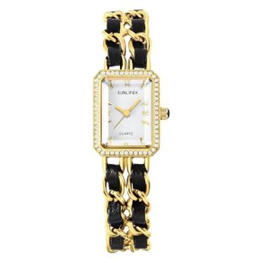 Imagem de Gosasa Relógio feminino elegante com corrente trançada, pulseira quadrada, retrô, minimalista, analógico, quartzo, à prova d'água, relógio feminino, Ouro branco 02, Elegante