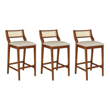 Imagem de Conjunto 3 Banquetas Lagum Jequitibá Natural Assento Linho Bege Palha Sextavada