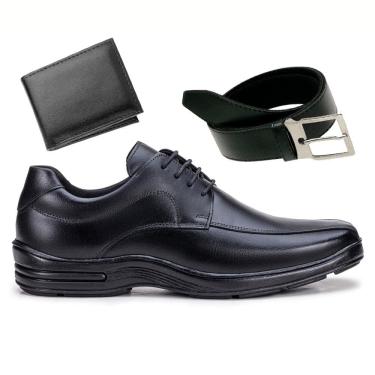 Imagem de Kit Sapato Social Couro Masculino Sola Borracha Anatomico Antiderrapante Cinto Dupla Face Carteira