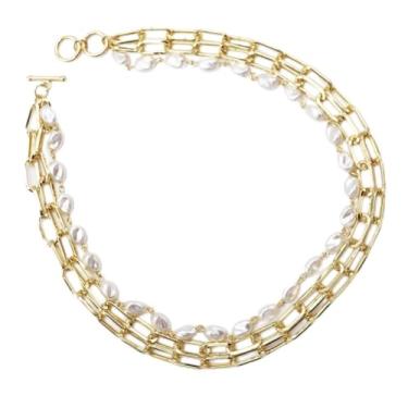 Imagem de Rosemarie & Jubalee Colar dourado de fio triplo com corrente de clipe de papel e pérolas falsas de água doce, fecho articulado, 40-45 cm