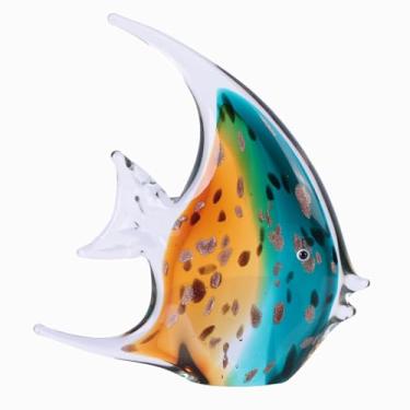Imagem de DOVDOV Escultura decorativa de peixe de vidro soprado à mão, peça de arte de vidro oceano verde, decoração temática costeira adequada para quartos, escritórios, mesas de café e suportes de TV, arte de