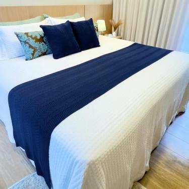 Imagem de Kit peseira manta trico cama casal queen king para sofá com 2 almofadas decorativa cama posta (Azul Marinho, King)