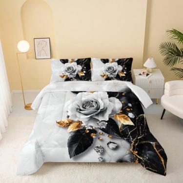 Imagem de QOOMO Conjunto de edredom casal com estampa de flores, 3 peças, plantas de desenho animado para adolescentes, meninos e meninas, preto e branco com 2 fronhas, macio e leve