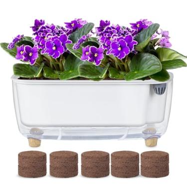 Imagem de Oliz Vaso autoirrigável com pellets de coco de coco, vaso de plástico retangular para peitoril de janela de 29 cm com orifícios de drenagem, vaso de flores decorativo moderno de alta transparência