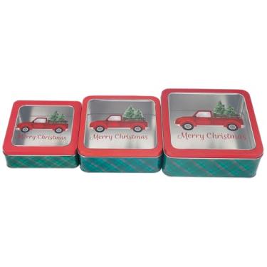 Imagem de DAHO Recipientes de Lata para Biscoitos de Natal com Janela, Conjunto de 3 Peças Aninhadas, Latas para Biscoitos de Natal com Tampa para Presentear, Biscoitos, Guloseimas, Biscoito (Forma Quadrada)