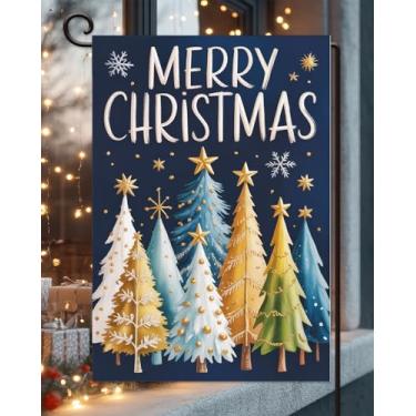 Imagem de Merry Christmas Bandeira de jardim 30,5 x 45,7 cm vertical dupla face externa, árvores de Natal, férias, azul, quintal, gramado, bandeira decorativa ao ar livre