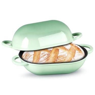 Imagem de TeamFar Forma de pão de ferro fundido esmaltado, forno holandês oval de 2 litros com tampa para assar pão de fermento, assadeira de bolo de carne esmaltada com tampa, distribuição uniforme de calor e
