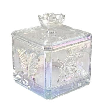 Imagem de Pote de vidro com estampa de borboleta em relevo europeu | Caixa de doces vintage com tampa para mesa de escritório, buffet de doces e decoração de festa | Armazena doces, biscoitos e pequenos itens