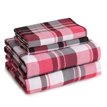 Imagem de LONAVA Jogo de cama de flanela 100% algodão orgânico, 4 peças, quente e aconchegante, aveludado, macio, pesado - flanela escovada dupla, lençóis de cama com bolso profundo de 40,6 cm, (Queen, xadrez