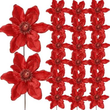 Imagem de 20 peças de flores de Natal com glitter, flores de magnólia artificiais de veludo grande de 16 cm com haste, guirlanda de árvore de Natal, decoração de casamento de ano novo, vermelho