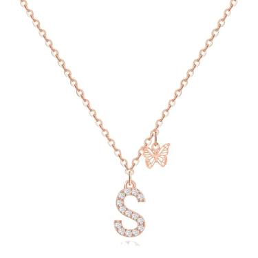 Imagem de Colar delicado com inicial e pingente de borboleta, banhado a ouro 14K, zircônia cúbica, letras, delicados, presentes de aniversário para mulheres, Letter F, Cobre, Sem Pedra Preciosa