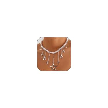 Imagem de Colar feminino Y2k de pérolas de água doce com borlas e estrelas de cinco pontas, moderno, moderno, grunge, limpo, estético, com pingente de estrelas de cinco pontas, joia gótica de prata, Large