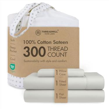 Imagem de Jogo de cama Threadmill Home Linen 300 fios 100% algodão, roupa de cama de luxo, conjunto de 4 peças, lençóis de cama, trama de cetim suave, king, branco, Prata, Twin XL