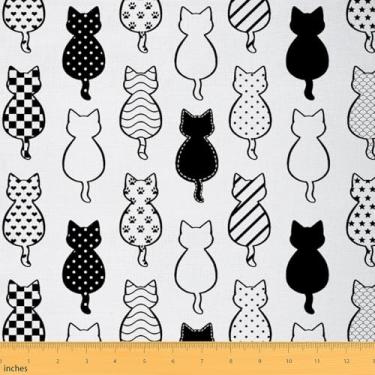 Imagem de Erosebridal Tecido Kids Cats by The Yard, Kawaii Pet Kittens Animals Print Tecido de estofamento para meninos meninas adultos, padrão geométrico engraçado de gatos preto e branco, 1 jarda