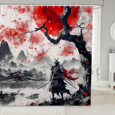 Imagem de jejeloiu Samurai Cortina de chuveiro para decoração de banheiro, cortina de banho de flores de cerejeira para barracas, banheiras, acessórios de banheiro estilo japonês, tecido de poliéster à prova
