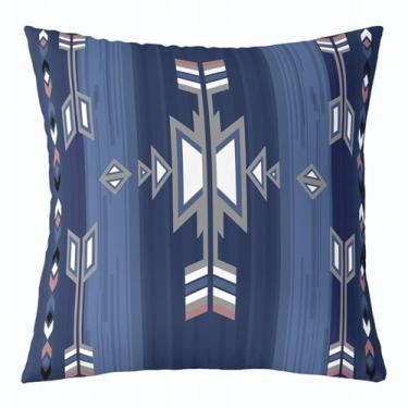 Imagem de jejeloiu Boho Capas de almofada reversíveis 40,6 x 40,6 cm, decoração ocidental, capas de almofada quadradas geométricas do sudoeste, conjunto de 1 fronha tribal para sofá, poltrona, azul marinho